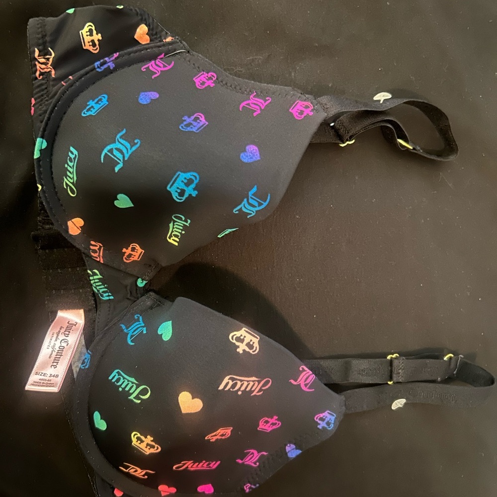 Juicy Couture Black Bra with Multicolor Logo and Heart Design 34b